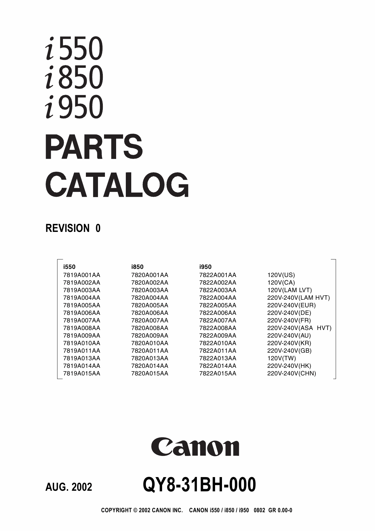 Canon PIXUS i550 i850 i950 Parts Catalog Manual-1